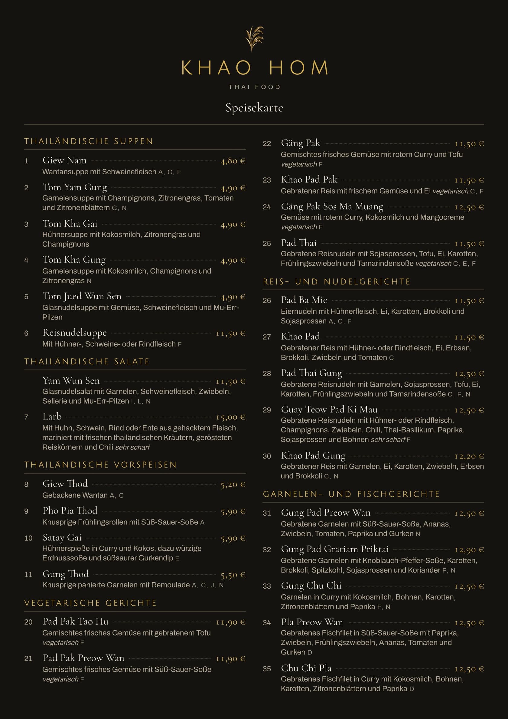 Speisekarte, Seite 1: Suppen, Salate, Vorspeisen, vegetarische Gerichte, Reis- und Nudelgerichte sowie Garnelen und Fisch